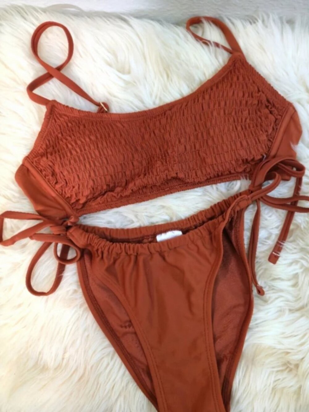 Xhilaration Women’s Medium Rust Copper Smocked Bikini Set Tie Side Bottoms